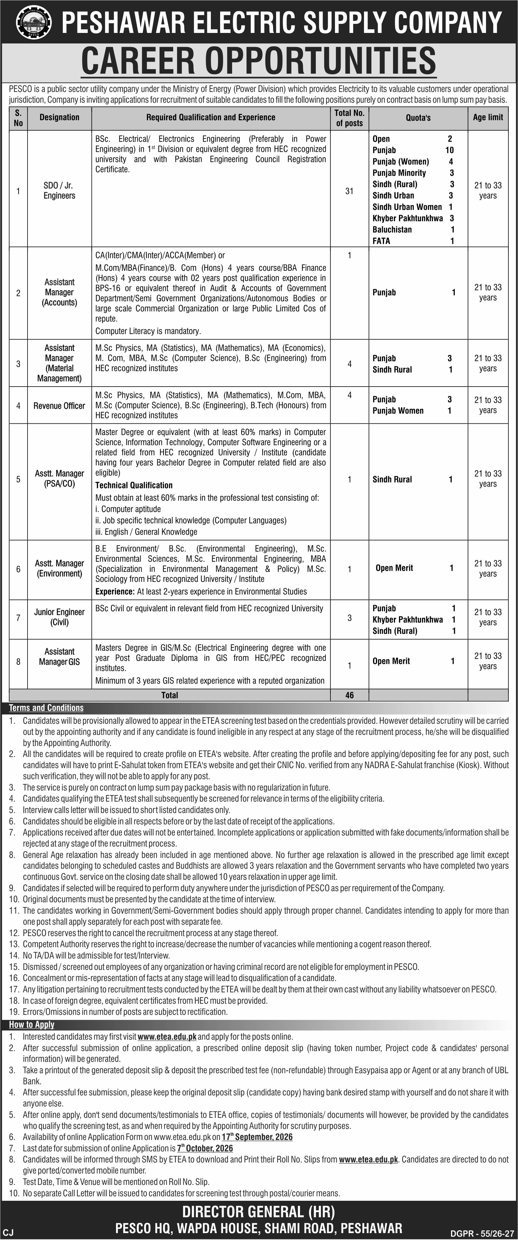 Peshawar Electric Supply Company PESCO Jobs 2026 in October