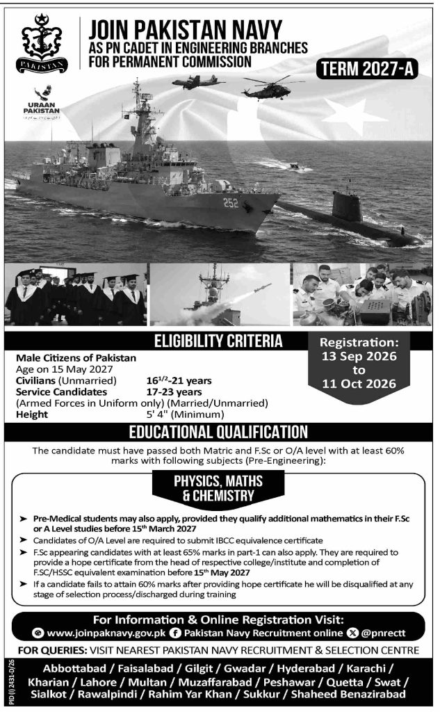 Join PN Cadet In Engineering Branch At Pakistan Navy in October