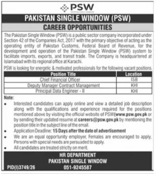 Jobs Announcement At Pakistan Single Window PSW in October