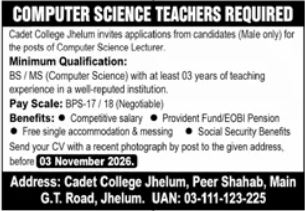 Teaching Jobs At Cadet College Jhelum in October