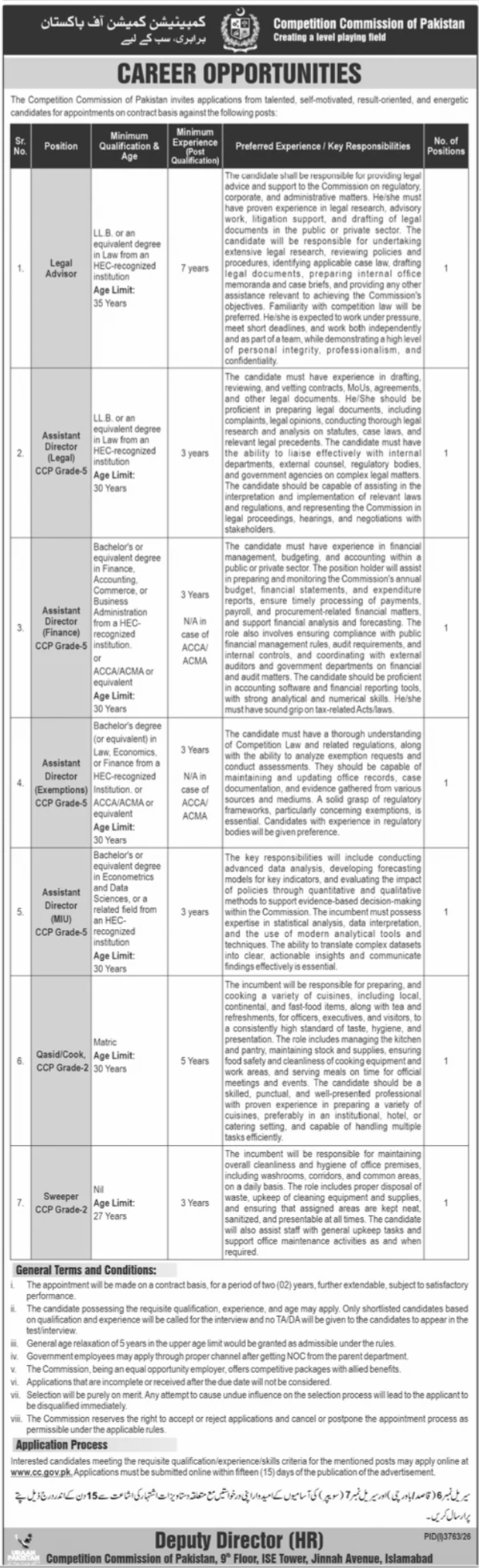 Job Vacancies At Competition Commission Of Pakistan in October