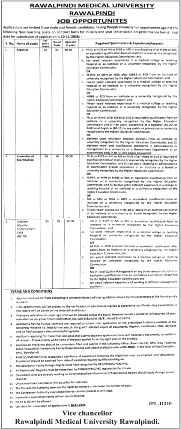 Positions Vacant At Rawalpindi Medical University RMU in October