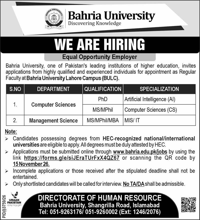 Latest Bahria University Islamabad Job Notice 2026 in October