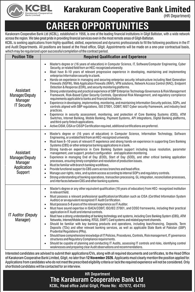 Karakuram Cooperative Bank Limited Gilgit Jobs Notice 2026 in October
