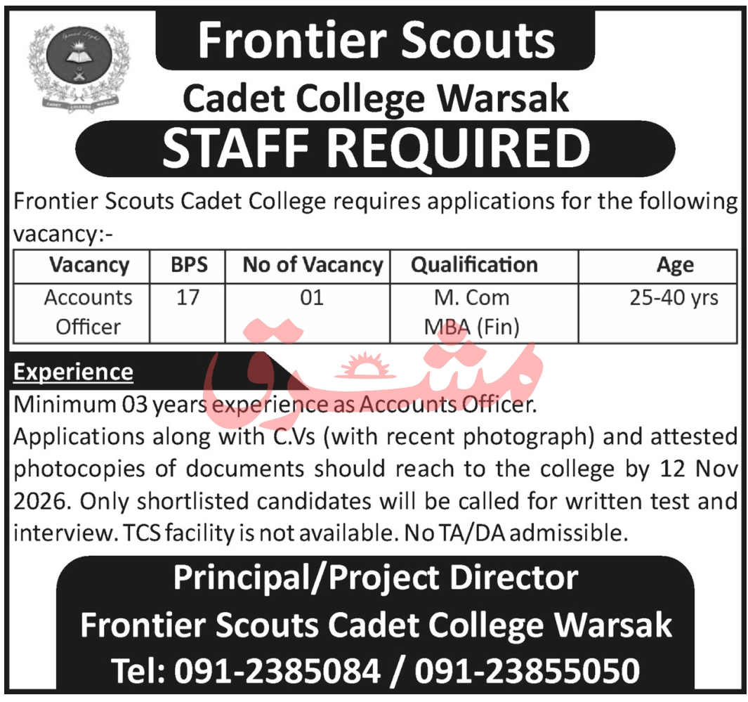 Cadet College Warsak Job 2026 in October