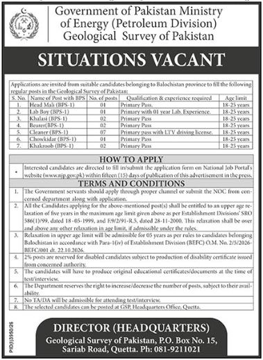Ministry Of Energy Quetta Jobs 2026 in October