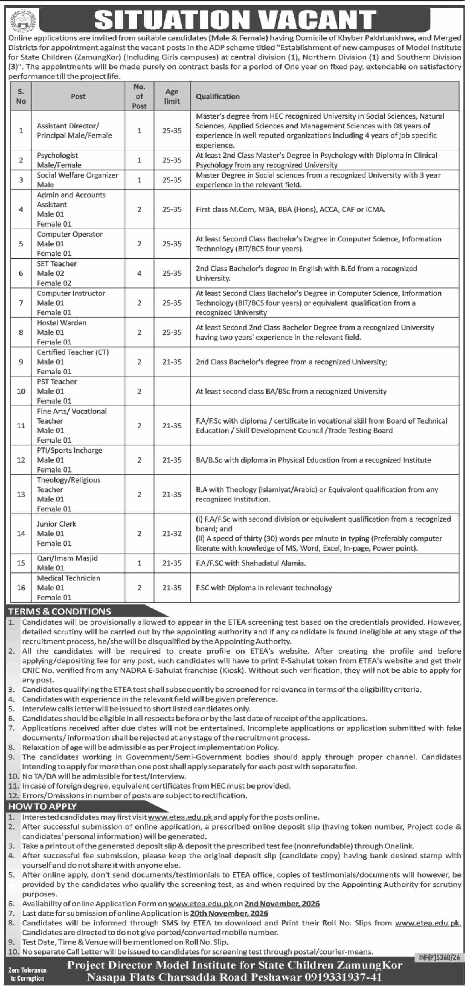 Model Institute For State Children ZamungKor Jobs 2026 in October