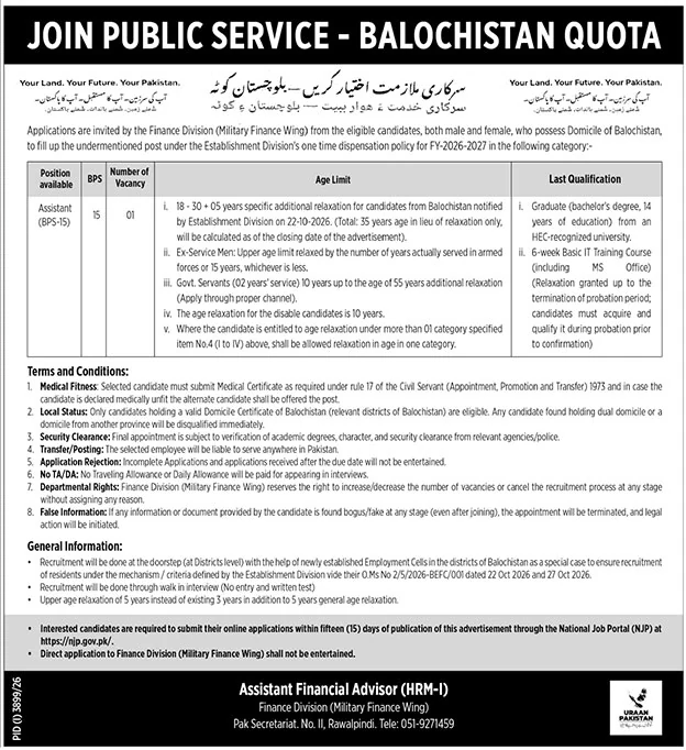 Assistant Job At Finance Division in October